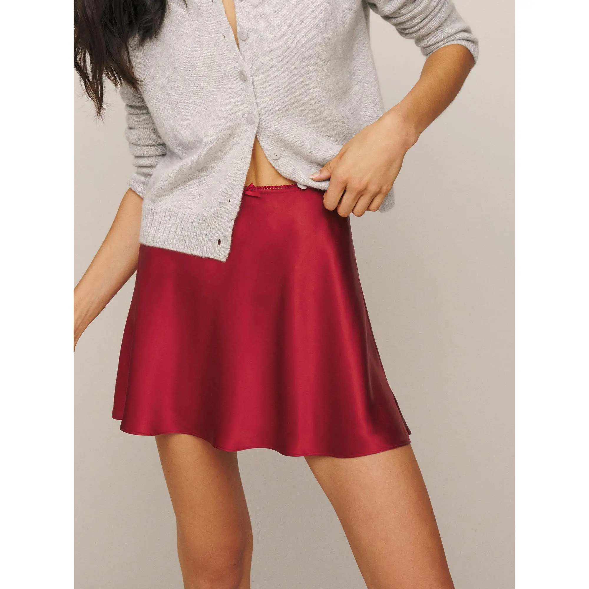 Women's Elegant Satin Mini Skirt, Lace Trim High Waist Mini Bow Silk A-Line Skirt