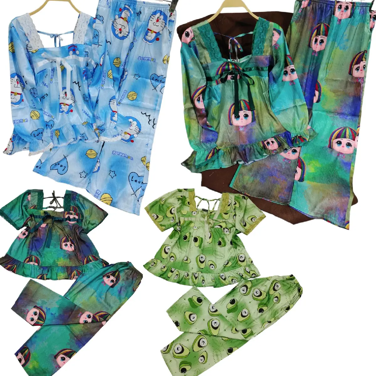 (Có Big size 38kg _80kg) Bộ Pijama Tiểu Thư Cổ Vuông Phối Ren Lụa Xước In Hình Dễ Thương Tay Dài Và Tay Ngắn Quần Dài, Nữ Kem Women Quần Ngủ đồ  bộ