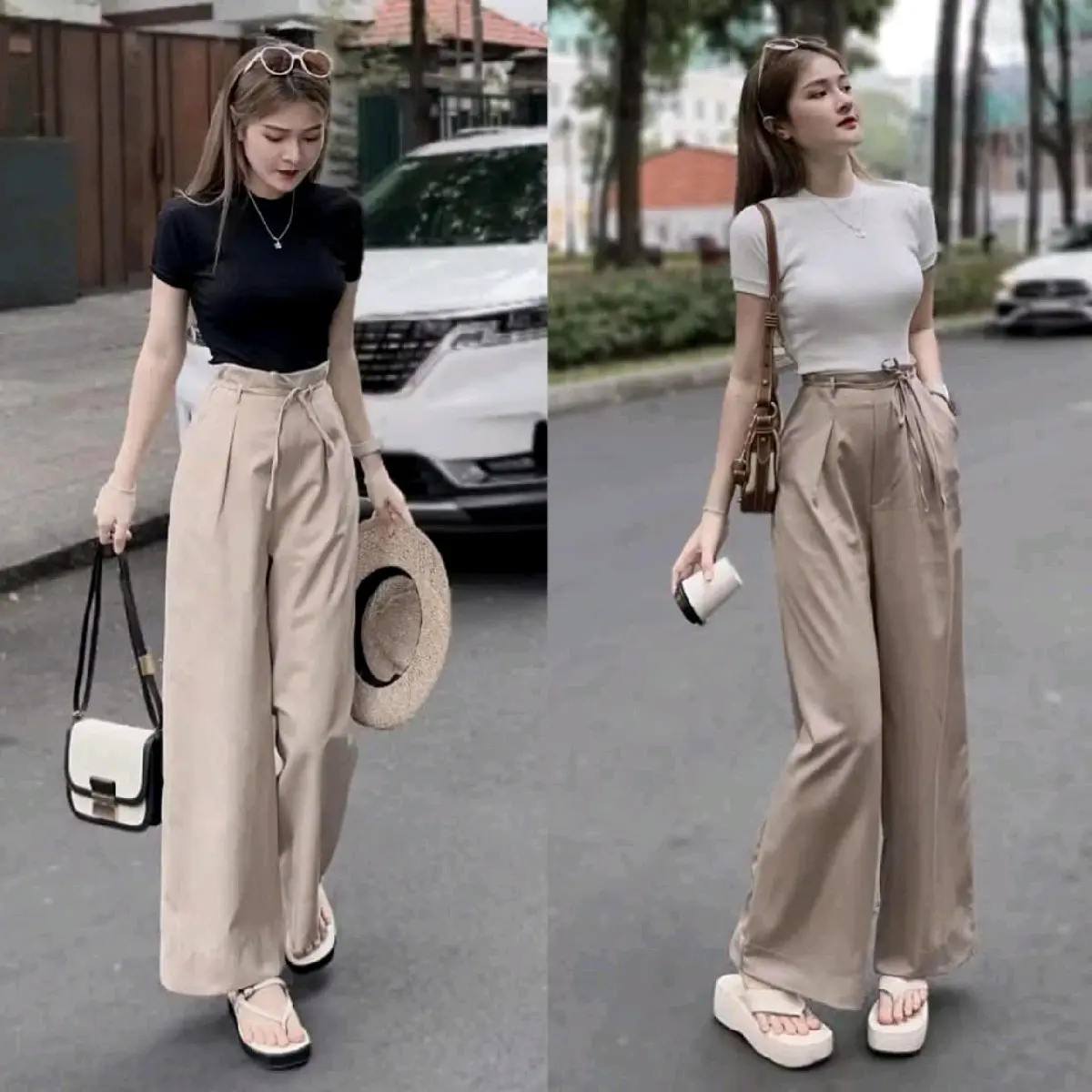 Set áo cổ tròn tay ngắn phối quần dài kèm dây đai vải  Nữ Women Top