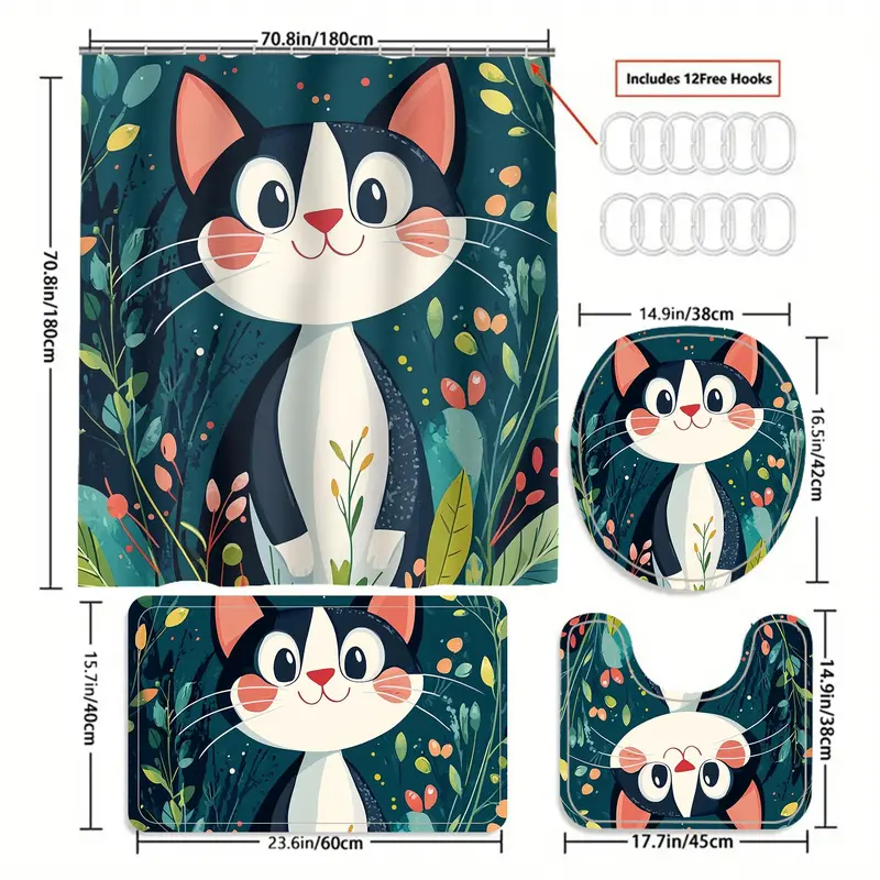 Cat Pattern Bathroom Decor Set, 4 Counts/set Including Shower Curtain & Toilet Lid Cover & Bath Mat & U-shaped Mat, Bathroom Accessories 1