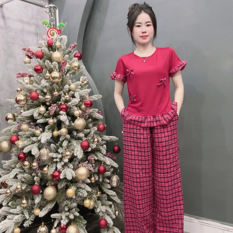 Sét bộ áo xoè bèo phối quần suông caro nhung thời trang  Women Nữ 5