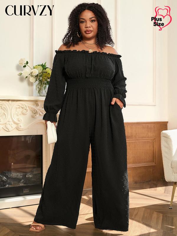 TikTok Shop CURVZY Plus Size Swiss Dot Off Shoulder Shirred Waist Pocket Jumpsuit Boho Flounce Sleeve Wide Leg Jumpsuit for Vacation Holiday Party Women s Clothes for Fall Winter Tiktok Shop Black