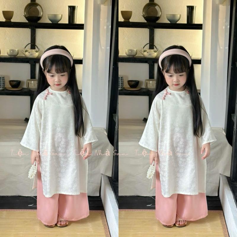 Set Áo Dài Gấm Linh San Tết 2025 TẶNG BỜM - VÒNG NGỌC TRAI Áo Dài Gấm Trắng Phối Quần Lụa Ngọc Trai Cao Cấp