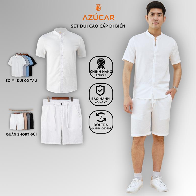 Bộ Đũi Cao Cấp AZÚCAR 4 - Quần short đũi + Áo sơ mi đũi cổ tàu, Siêu mát ngày hè, lịch sự, sang trọng và thoải mái tối đa. Có thể giặt bằng máy Menswear Nam Top Pants Lưng Cao Có Túi