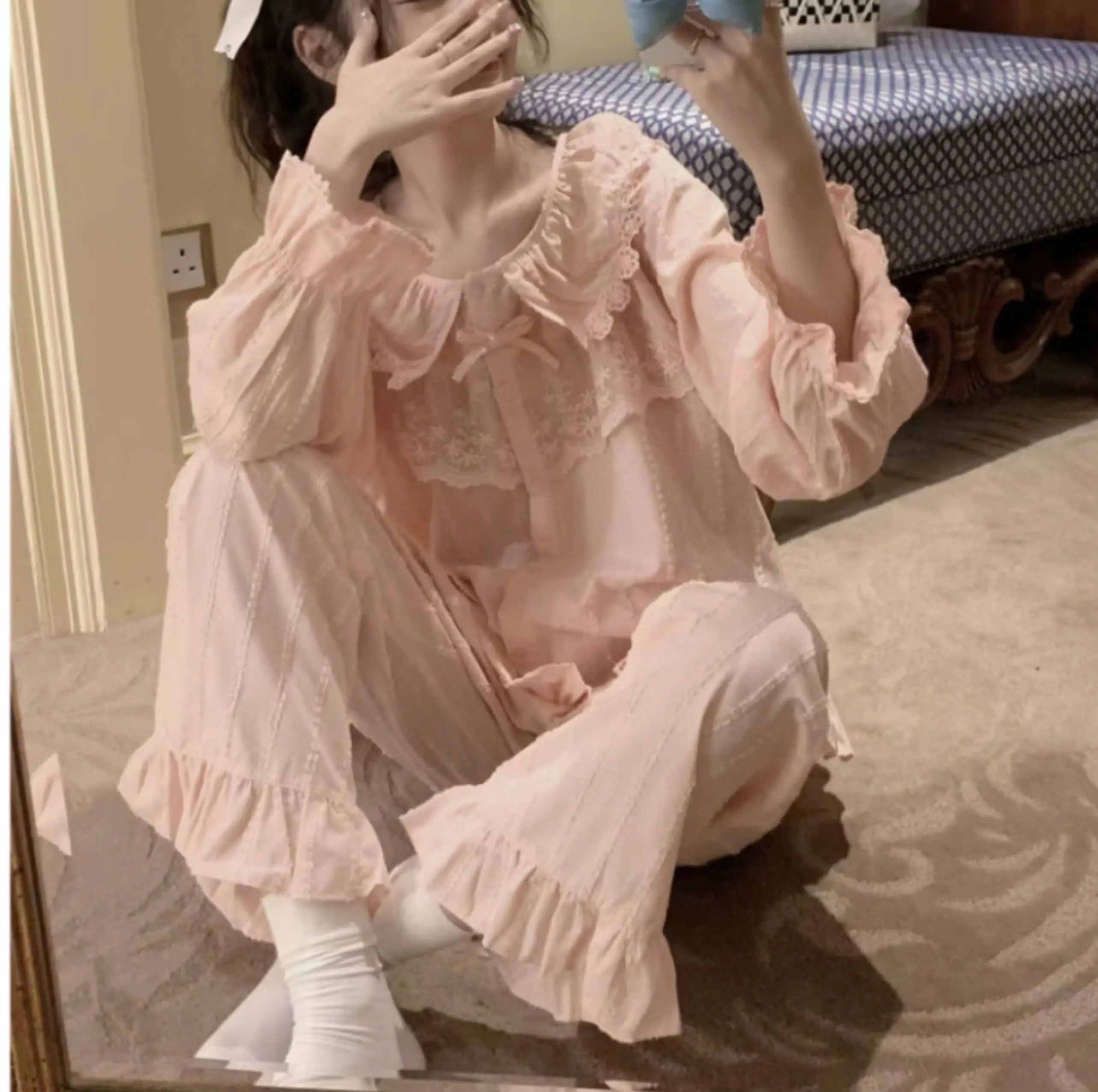 Bô ngủ nữ, set ngủ mặc nhà nữ pijama chất đũi gân mỏng mát có ren tiểu thư freesize Women Voi
