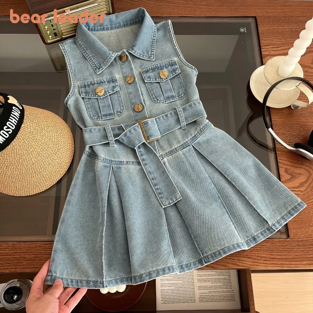 Váy Denim Cho Bé Gái, Thủ Lĩnh Gấu, Hàng Mới Về Mùa Hè 2024, Cổ Bẻ Áo, Không Tay, Eo Thắt Nịt, Váy Jean, Cho Bé Gái 2-8 Tuổi, Quần Áo Bé Gái