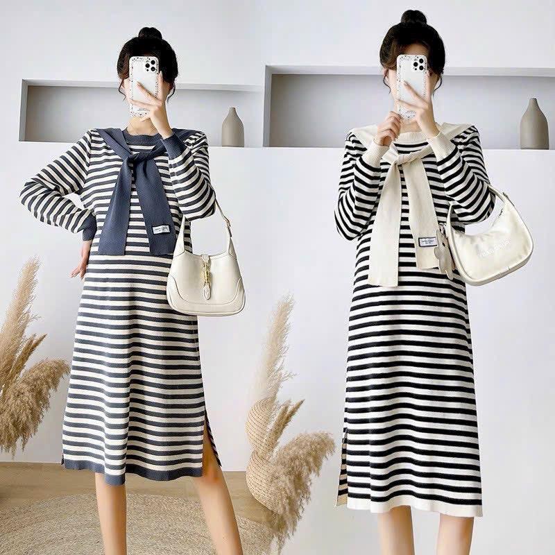 Váy len nơ kẻ dáng xuông rộng,chất dày đanh co giãn thoải mái