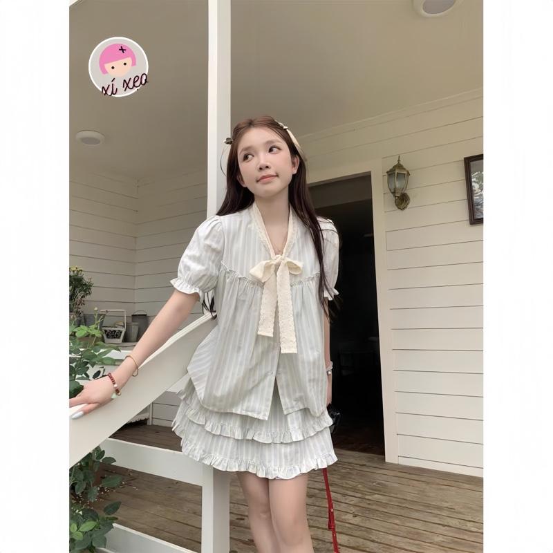 Set áo sơ mi kẻ cổ nơ kèm chân váy xòe xixeoshop - S94 Nữ Women