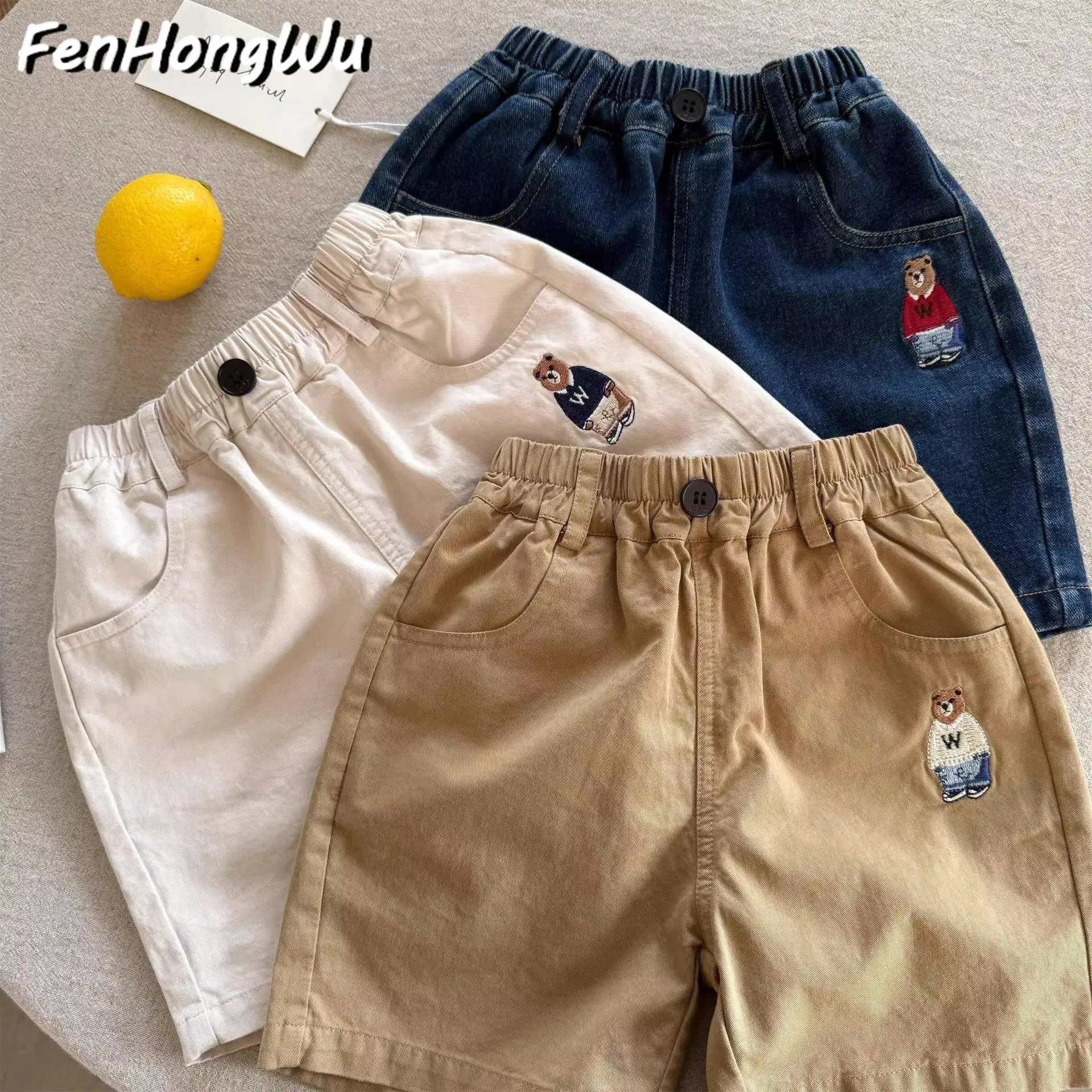[Pink House] Shorts 2025 Summer Boys Japanese Fashion Brand Bear Embroidery Jeans Western Style Cropped Casual Pants