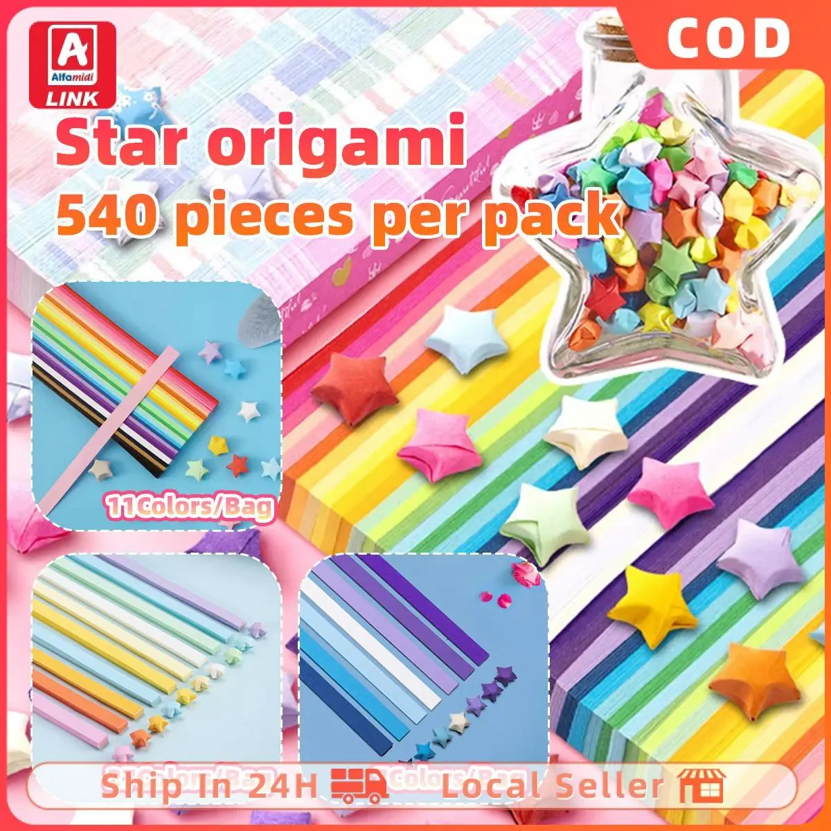 Alfamidi LINK【540PCS/Bag】Lucky Star Kertas Kerajinan Barang Kerajinan Kertas Strip Kertas Quilling Gradien Warna Origami Kertas Bintang
