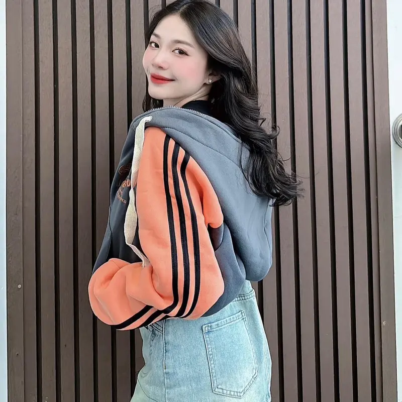áo khoác nữ nỉ dày thêu chữ tay phối màu cam chạy sọc thời trang Women Hoodie Top   đen trơn thêu có thể giặt máy đậu màu xanh áo  hoodie 2
