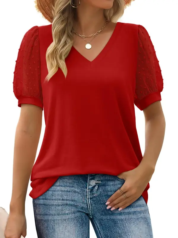 【Plus Size】Plain V Neck Tee, Casual Basic Short Sleeve T-shirt for Summer, Women's Plus Clothing for Daily Wear, Top, Tshirt, Womenswear, Lady Top 6