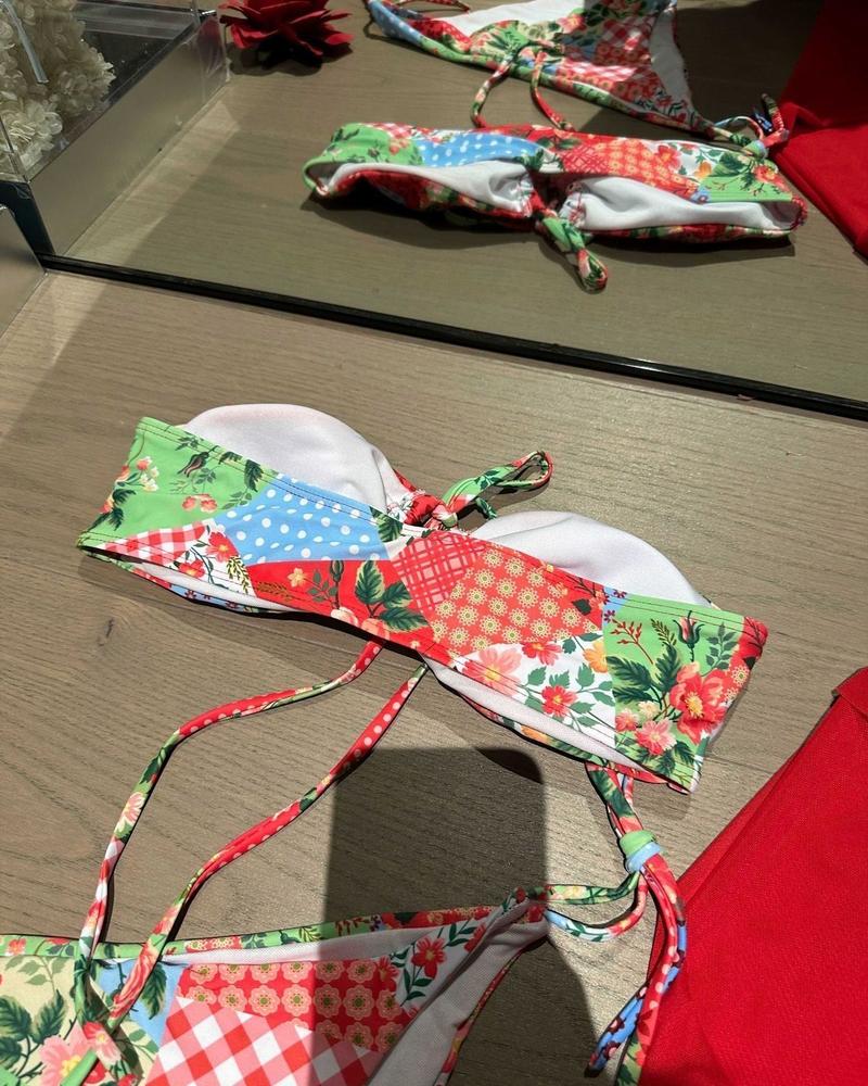Product Introduction of Mosricci Pure Desire Style Red Brightening Ethnic Print Bikini Two-Piece Swimsuit for Women Small Chest Tube Top Cover-Up Skirt 19