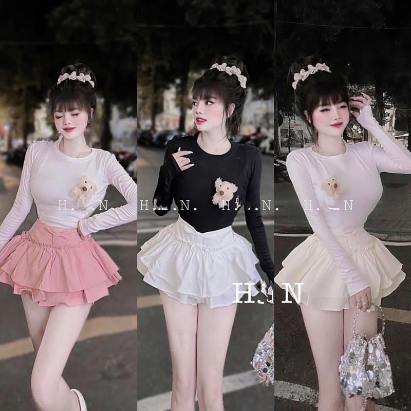  Set Áo Thun Kèm Gấu Dài Tay Chân Váy Xoè 2 Lớp Lót Quần Thời Trang Nữ Women Top 