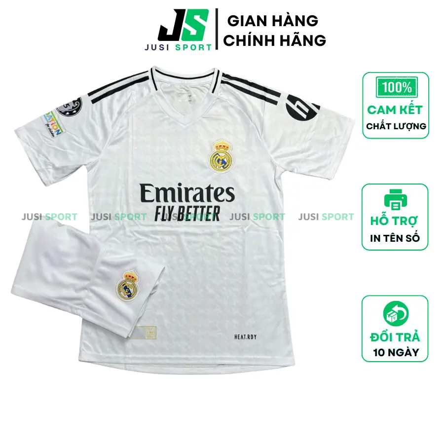 Bộ quần áo bóng đá Real Madrid 2024 2025 trắng- In tên số theo yêu cầu - Đồ đá banh nam nữ cao cấp JUSI SPORT JS56