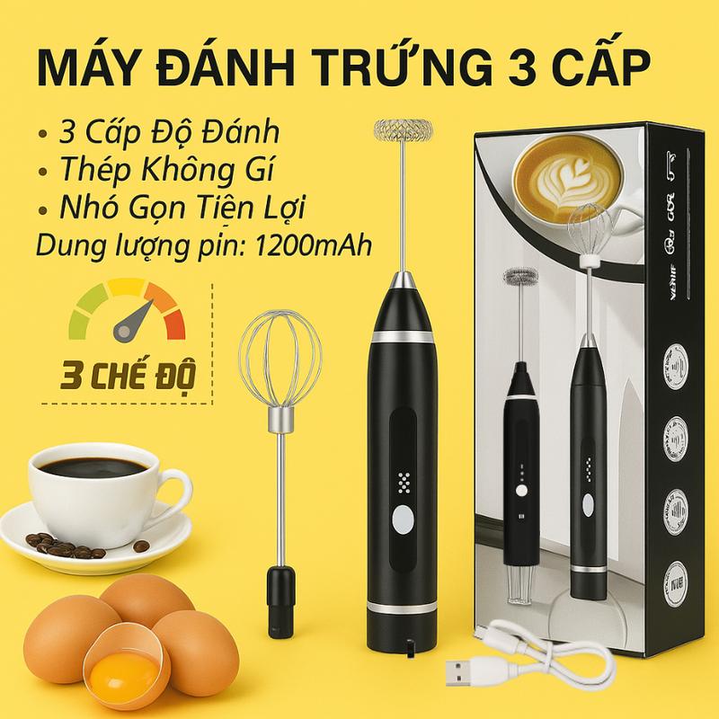  Máy Đánh Bọt Cà Phê Mini Đa Năng 2 Đầu Inox - Máy Tạo Bọt Cà Phê & Đánh Trứng Cầm Tay - Pin Sạc USB 1200mAh 