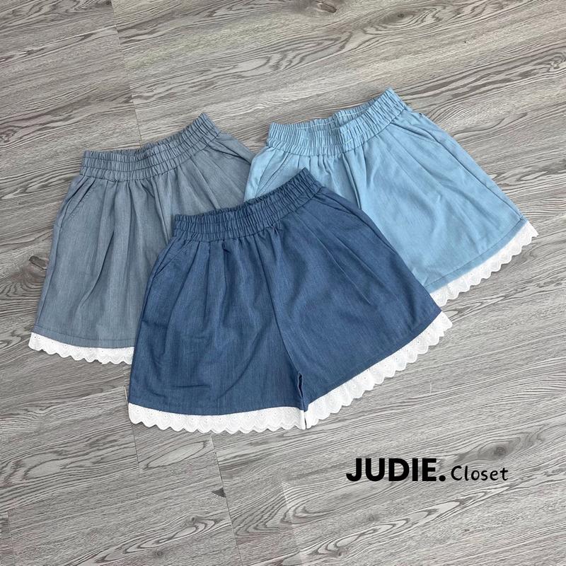 Quần Đùi Short Nữ Chất Bò Giấy - Linen Chấm Bi Gấu Ren Cách Điệu JUDIE.Closet