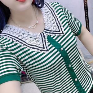 Striped Peter Pan Collar Tee Korean Style New Midlife Mom T-Shirts Fashion Plus Size Women Stripe Tops