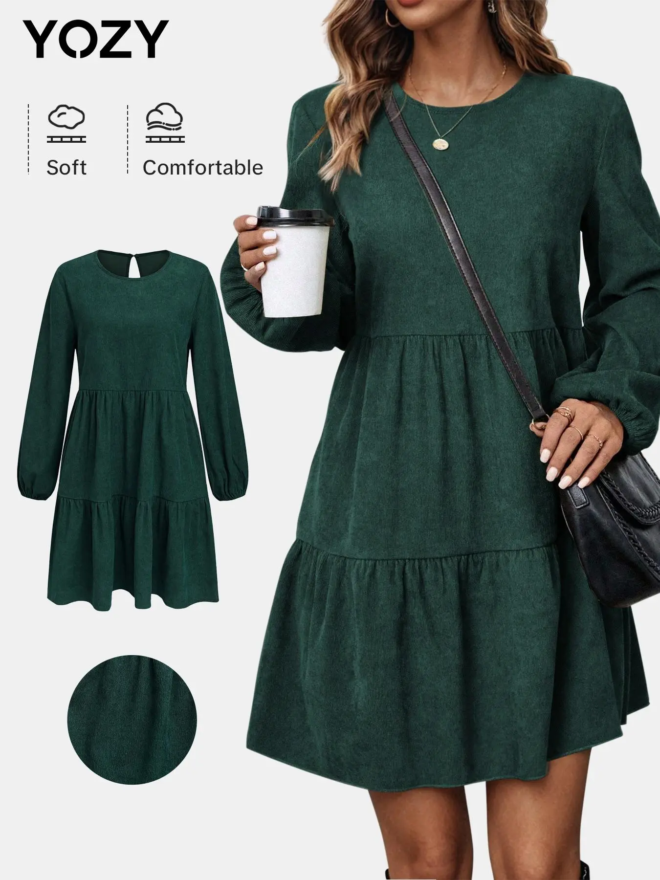 YOZY Women's Plain Ruffle Hem Tiered Layer Smock Dress, Casual Bishop Sleeve Keyhole Neckline Short Dress for Daily Wear, Ladies Clothes for All Seasons, Dresses for Women