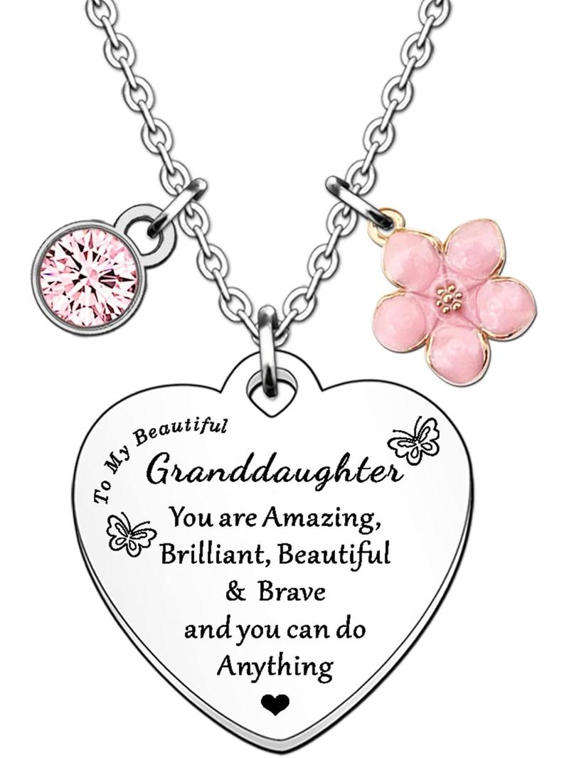 Product Introduction of Cute Heart Shaped Pendant Necklace with Rhinestones & Pink Flower Charm Decor, Fashion Jewelry Accessories for Granddaughter As Gift 0