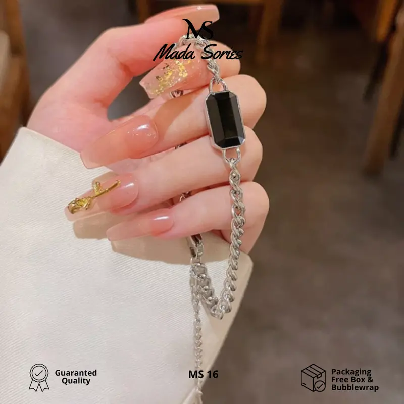 Madasories Gelang Rantai Titanium Permata Hitam Berkilau Zirconium MS16 8