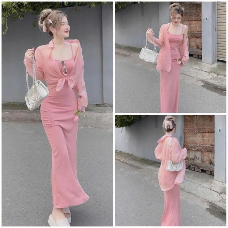 Sét váy bodyy nữ váy hai dây mix dáng váy suông dài phối áo khoác sơ mi với tone màu tiểu thư dành diện đi chơi xinh.