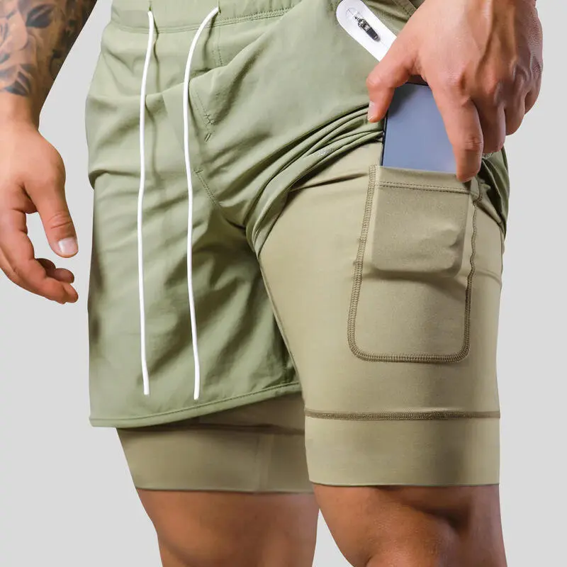 Summer LYFT New Men's Sports Casual Double Layer Fake Two Piece Basketball Fitness Sweatwicking Quick Drying Shorts Menswear Lingerie Tropical Beige Plain