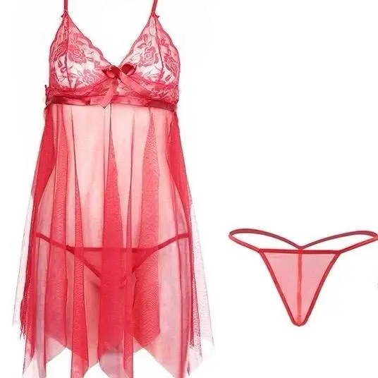 Lingerie Sexy Baju Dinas Malam Free G-String Pakaian Wanita Dress Transparan PRIVASI Regular Red 3