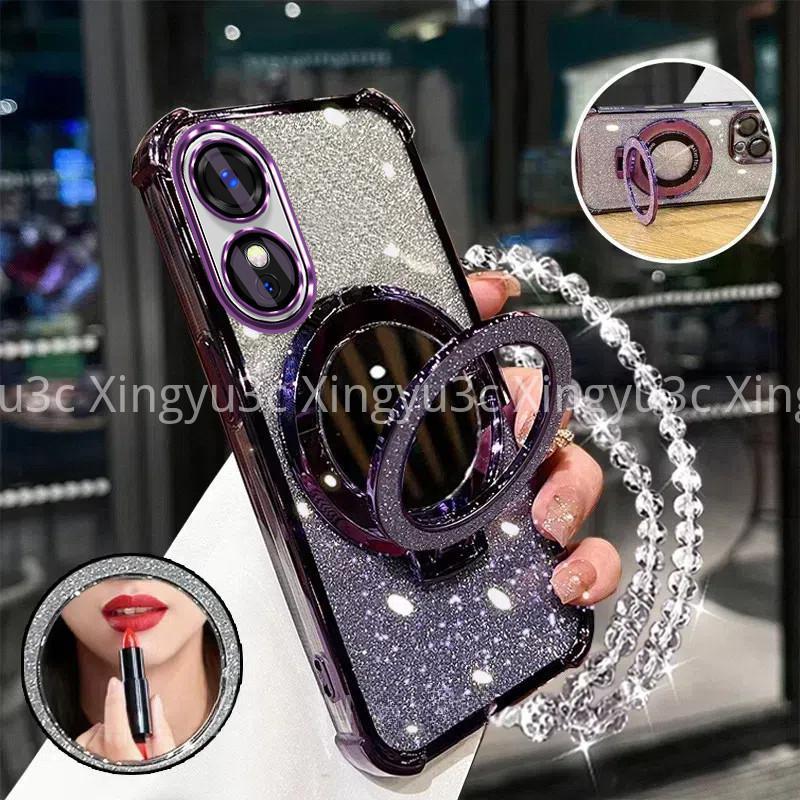 Luxury Sparkling Handphone Case for OPPO A17 A97 5G A38 4G A18 A60 four corners shockproof phone case 3D makeup mirror holder new bracelet soft case 4
