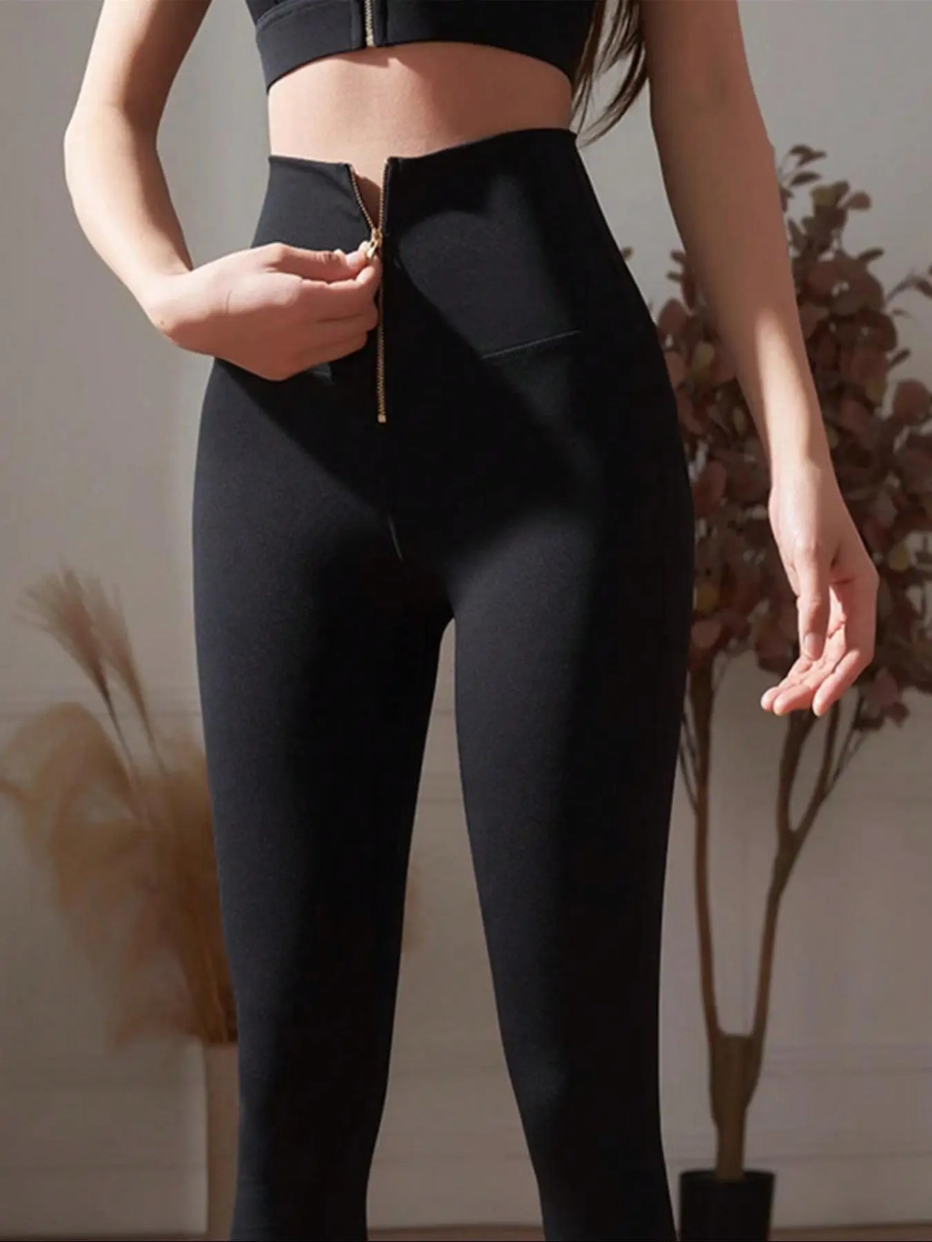 Women's Solid Zipper High Waist Sports Leggings, Casual Comfy Breathable Skinny Pants for Yoga Gym Workout, Ladies Sportswear for All Seasons