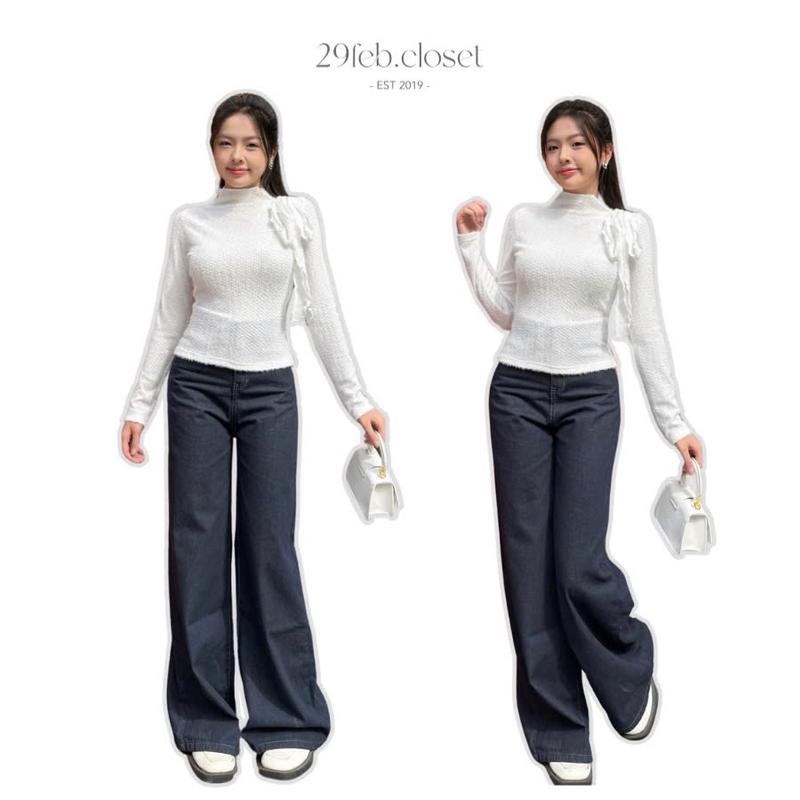 Áo Len Lông Thỏ Dài Tay Cao Cổ Thắt Nơ Ren Xốp Mỏng Nhẹ 29feb.closet Áo Thun Thu Đông Nữ Tính Trẻ Trung A516 Kem Women