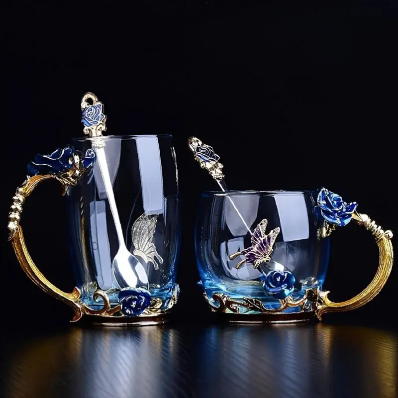 1 Set Butterfly & Rose Decor Glass Cup with Handle, Vintage Drinking Glass with Lid & Spoon, Creative Tea Cup for Office Home Daily Use, Gifts for Friends 5
