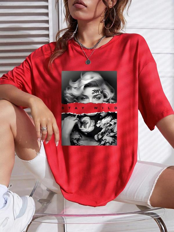 Women's Graphic Print Drop Shoulder Half Sleeve Tee, Fashion Casual Crew Neck T-shirt for Daily Holiday Vacation Outdoor Wear, Ladies Clothes for All Seasons 7