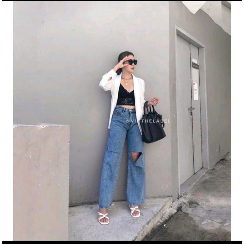 SHANA HIGHWAIST KULOT JEANS SOBEK Santai Celana Panjang Nyaman Wanita 4