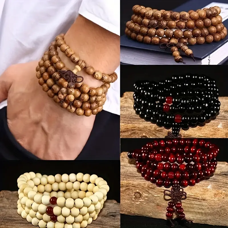 1/2pcs 108 Beads 8mm/0.31'' Natural Sandalwood Buddhist Buddha Wood Prayer Beaded Knot Black Ebony Bracelets Bangles for Men Wooden Jewelry