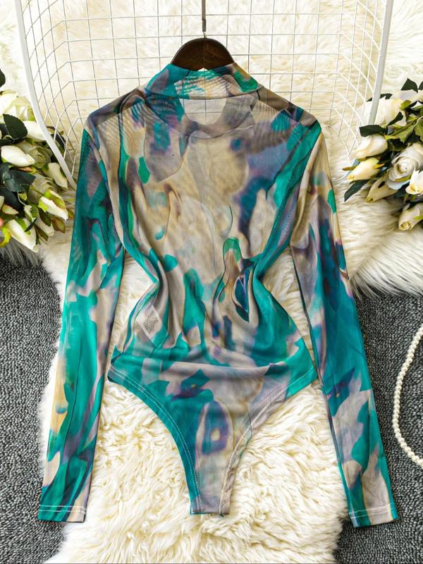 Women's Tie Dye Print Long Sleeve Bodysuit, Casual High Neck Bodysuit, Ladies Clothes for Spring & Fall 7