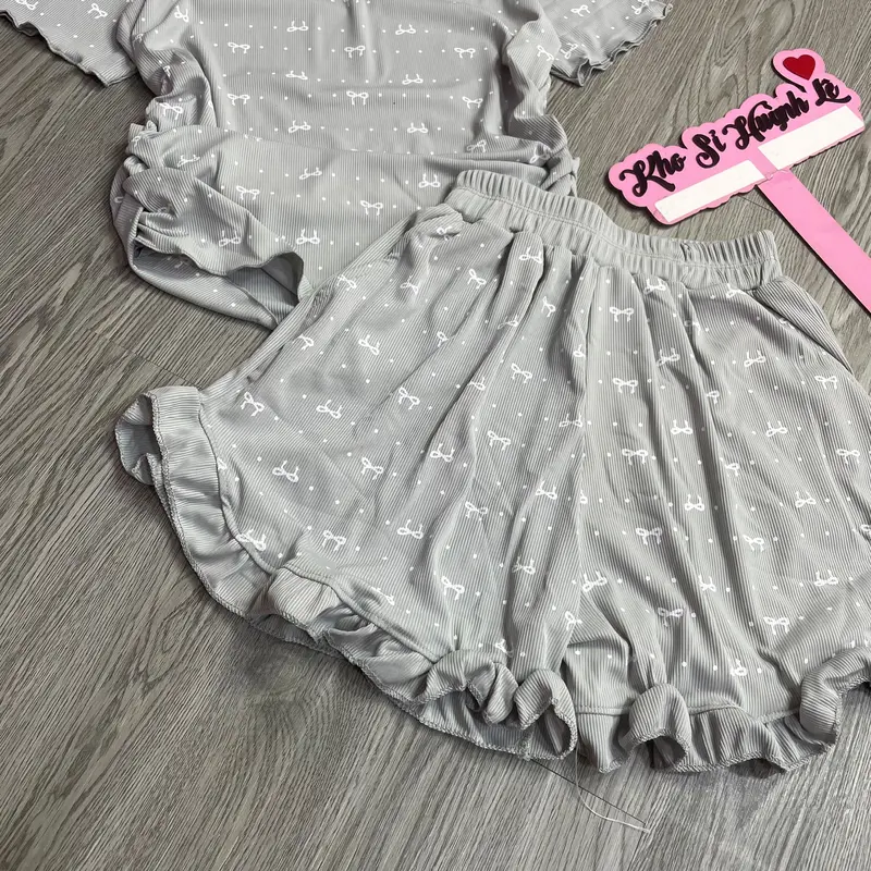 (Mua 1 tặng 5)80.737 SET BỘ ĐỒ ÁO TAY NGẮN VIỀN LAY BÈO IN MÈO KITTY QUẦN ĐÙI XÒE. thun gân tăm lạnh Nữ Women Top 4