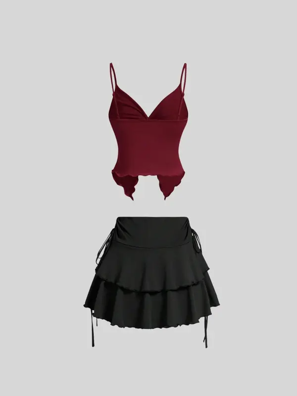 Women's Solid Color Crop Cami Top & Skirt Two-Piece Set, Chic Fashion Casual Butterfly Sleeve Top & Skirt for Daily Outdoor Wear, Ladies for Summer, Lingerie 1