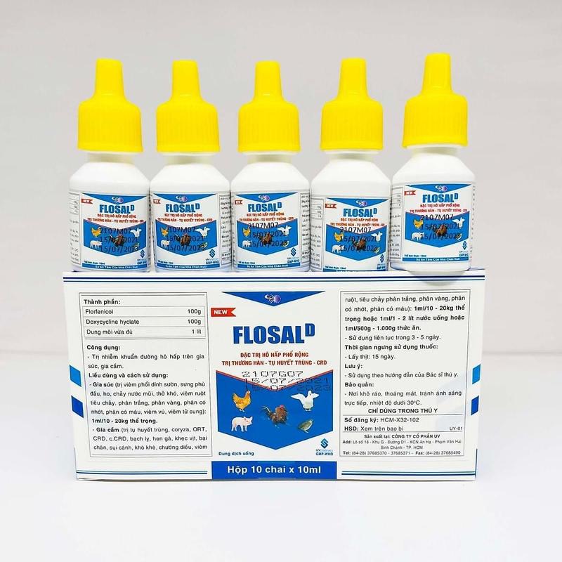 Product Introduction of Lọ Flosal D (10ml) dung dịch uống đ.ac tri khò khè, hen khẹc, crd, thương hàn, tụ huyết trùng, sưng phù đầu trên gà (dạng lỏng) 15