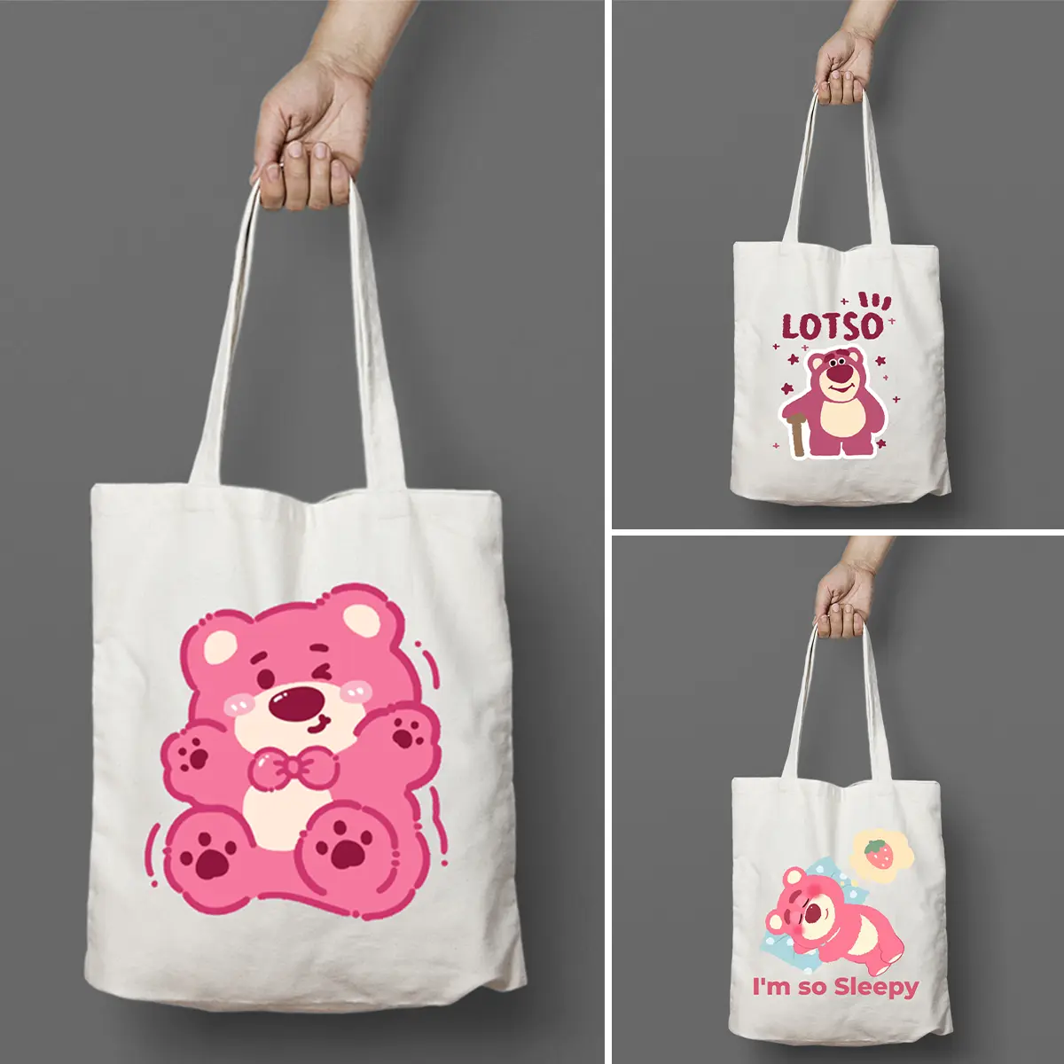 Tote Bag Tas Kanvas Resleting Lotso Bear Beruang Toy Story Lucu Aesthetic Ukuran 30x40