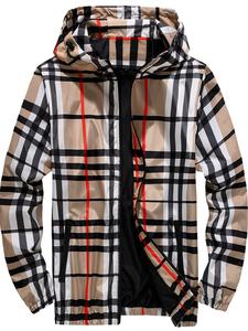 Men's Plaid Print Drawstring Zip Up Hooded Jacket, Regular Fit Casual Long Sleeve Pocket Outerwear for Fall & Winter, Fashion Men's Clothes for Daily Wear, Jackets for Men, Coats for School, Balkan School Outfits, Workwear Jacket