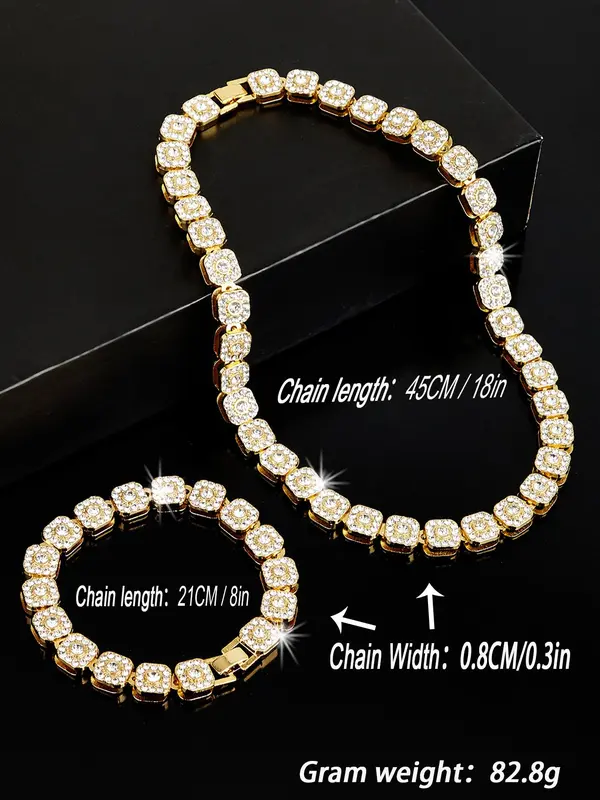Men's Hip Hop Classic Small Square Rhinestone Jewelry Set, 1 Set/2pcs Sparkly Rhinestone Decorated Necklace & Bracelet Set, Streetwear Accessories, Fashion Matching Jewelry Gift for Men 8