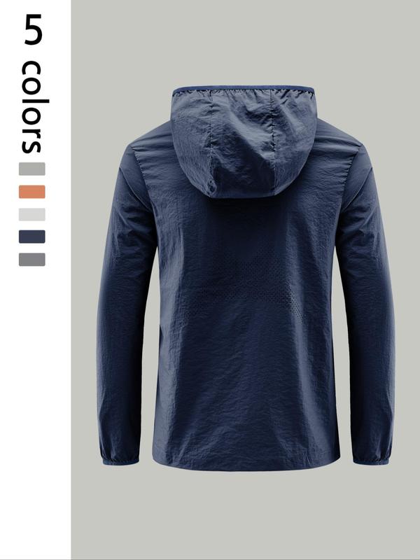 Men's Solid Color Pocket Zip Up Jacket, Regular Fit Breathable Sun Protection Outerwear for Outdoor Activities, Casual Comfy Men's Sportswear for All Seasons 6