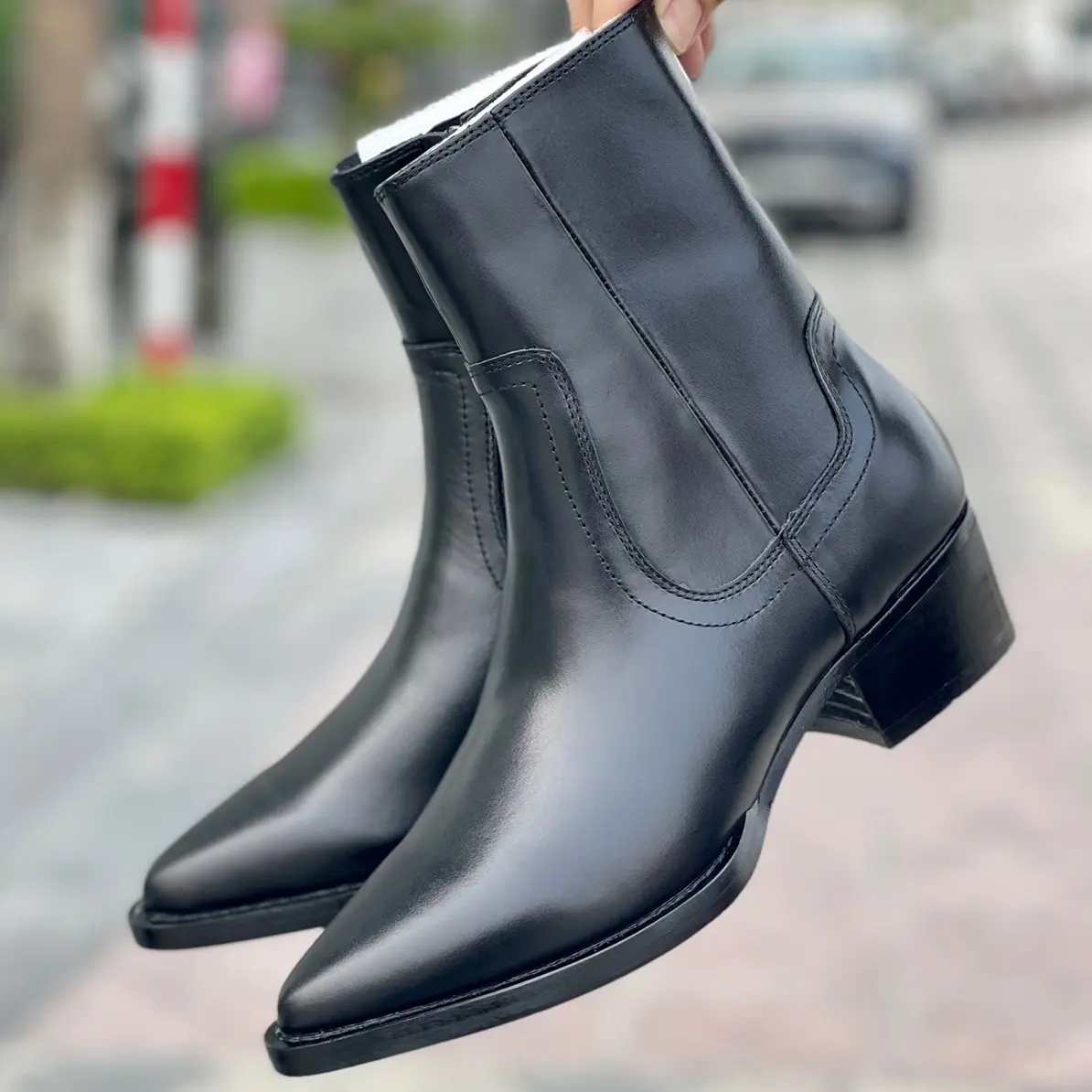 Giày Zipboots mũi nhọn tặng kèm phụ kiện, da bò đế gỗ bảo hành 12 tháng