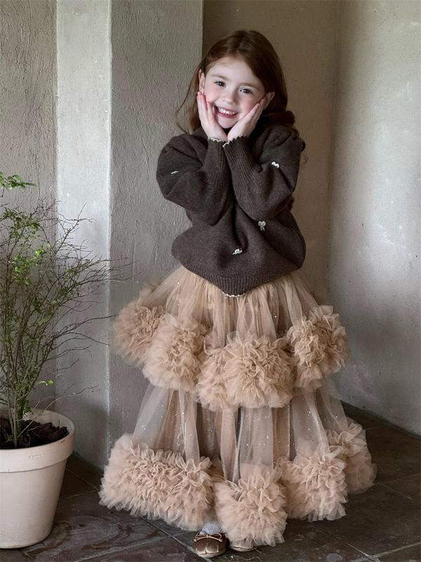 Áo len nâu/ Chân váy voan 2 tầng siêu dài cho bé gái