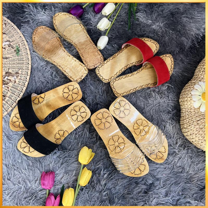 Guốc Gỗ Lộc Cọc, Guốc Mộc Cao 5 Phân Truyền Thống Đế Chạm Hoa Quai Nhung, Nhựa Mịn Êm Nữ Cao Su DéP GiàY Shoes