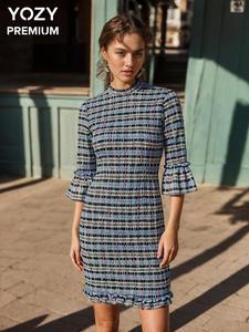 YOZY Women's Plaid Print Frill Trim Shirred Mock Neck Satin Dress, Elegant Fashion Casual Flounce Sleeve Dress for Daily Outdoor Wear, Ladies Dress for All Seasons