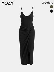 YOZY Plain Twist Front Split Cami Dress, Casual Comfort Basic Backless Sleeveless Spaghetti Strap Midi Dress, 2024 Women's Summer Outfits for Beach, Holiday, Vacation