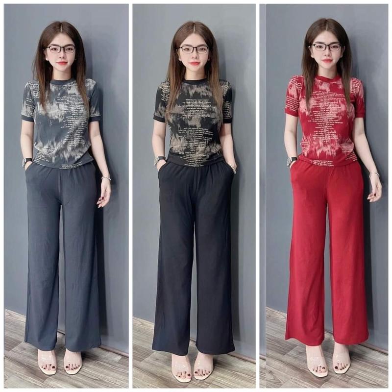 Đồ bộ dài ống rộng thun gân cổ tròn thêu sao dễ thương Áo Top Nữ Voi Nhung Quần Đỏ Ong Women