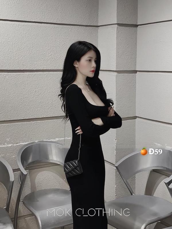 Đầm body trơn dáng dài cổ vuông chất ladong có mút ngực sẵn siêu xinh